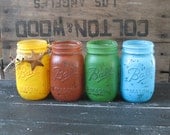 Mason Jars, Ball jars, Painted Mason Jars, Flower Vases, Rustic Wedding Centerpieces, Green, Blue, Yellow and Brown Mason Jars