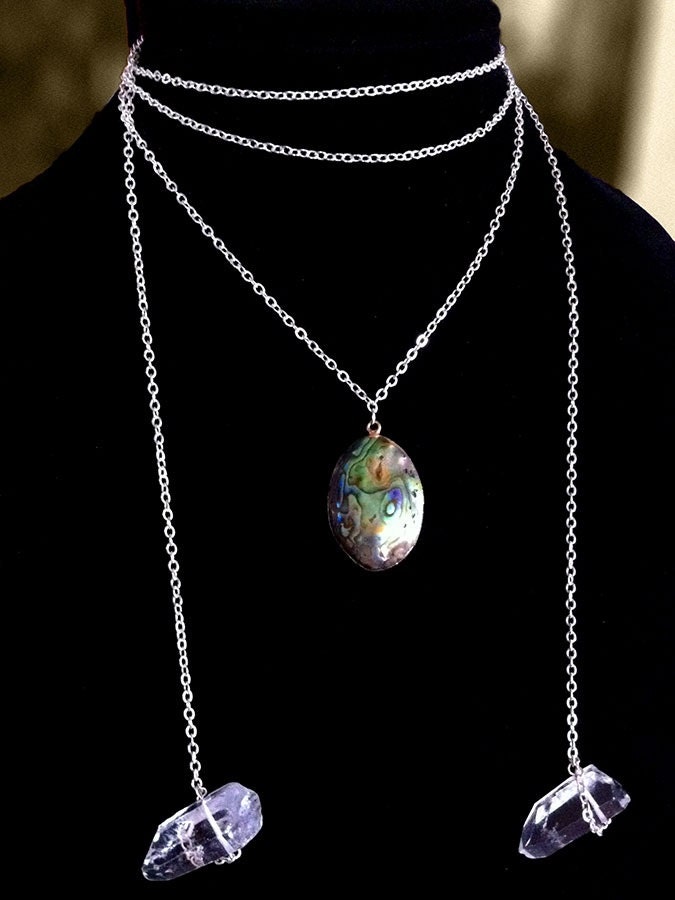 UNIQUE Abalone and Raw Quartz Crystal Necklace / Silver / Choker / Long Necklace / Versatile Accessory / Boho / High Fashion / Summer