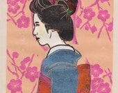Umegoyomi RED PLUM Linocut print - Maiko with ume flowers Trainee Geisha - Japanese Girl Blue Kimono - Limited edition via reduction method