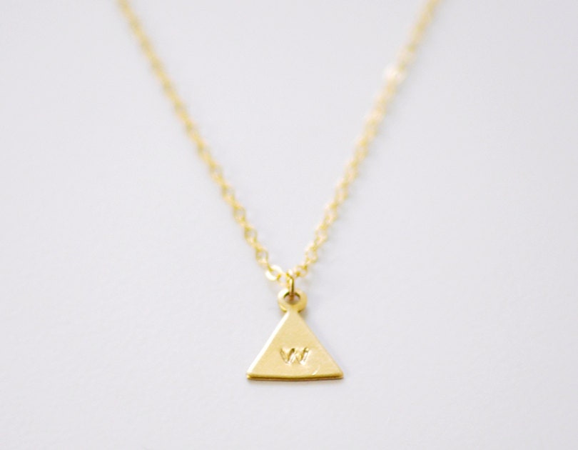 Tiny Triangle initial necklace - lowercase letter engraved brass charm 14k gold filled necklace - simple dainty jewelry