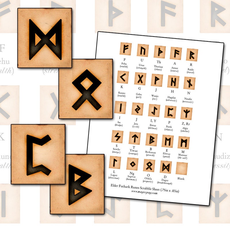 Elder Futhark Runes burned wood digital collage sheet .75 x .83 19mm x 21mm