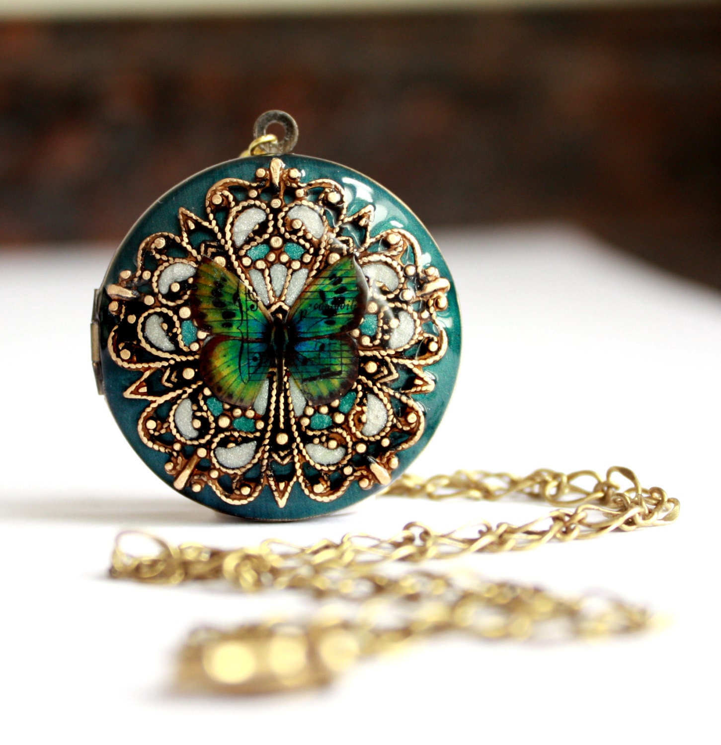 Wedding Locket, Women's Locket, Something Blue Butterfly Resin Pendant, Bridal Jewelry, Bridal Necklace, Photo Locket