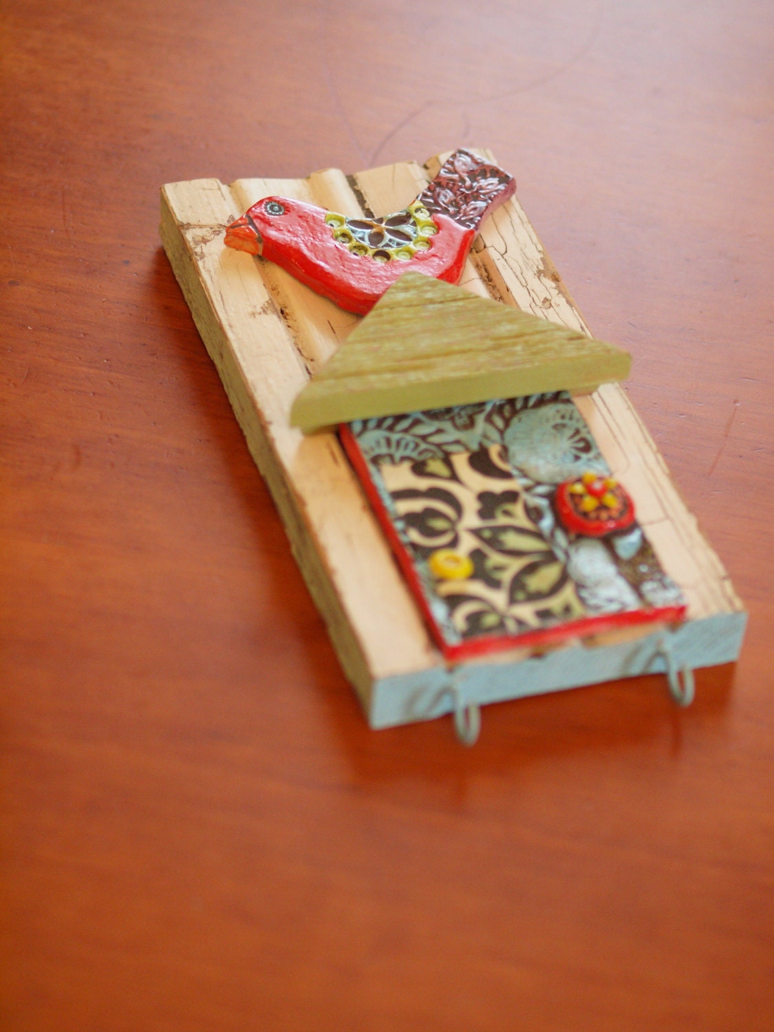 Tweet Wall Art Key Organizer - Repurposed Architectural Trim with Clay Tile Bird House - Eco-Friendly Whimsical Gardener Housewarming Gift