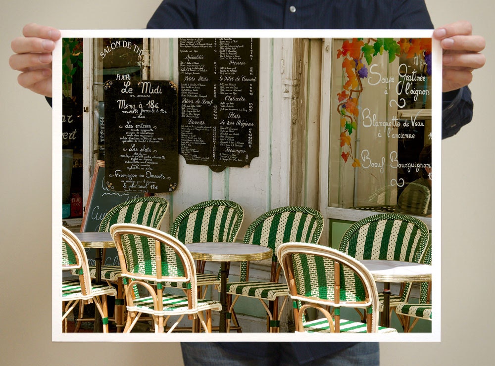 Paris Photography, 16x20, Cafe Louis Phillippe, Emerald Green Stripes Cafe Chairs, French Art Print, Paris Cafe