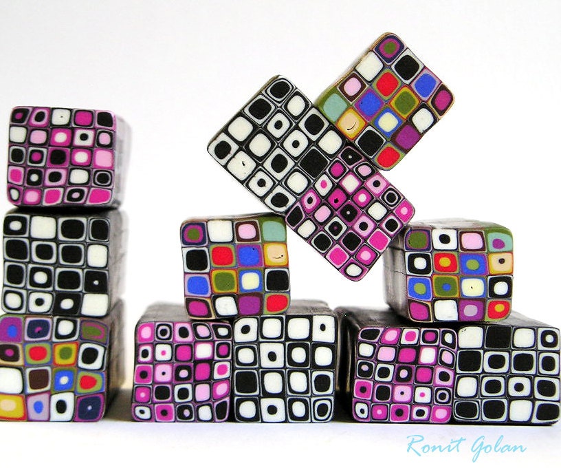 3 Polymer clay millefiori canes - Black and White, red, yellow and blue, pink and magenta Retro Dots Square cane
