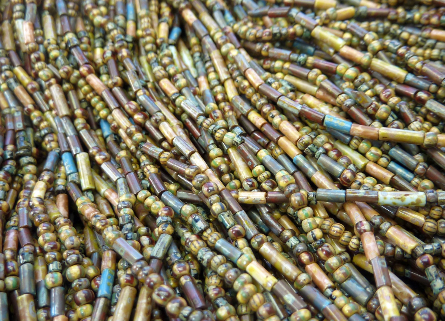 LIMITED 10/0 Seed and Bugles (Size 2 and 3) Opaque Aged Picasso Striped Mix Czech Glass Beads 6 Strand Hank (C229)