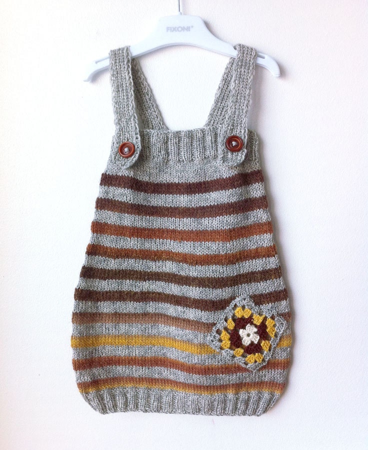 Striped tunic dress for 2-3T/92-98cm, brown and yellow, granny square decoration