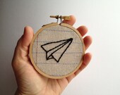 Paper Airplane- Three Inch Embroidery Hoop Wall Art- Machine Stitched and Hand Embroidered