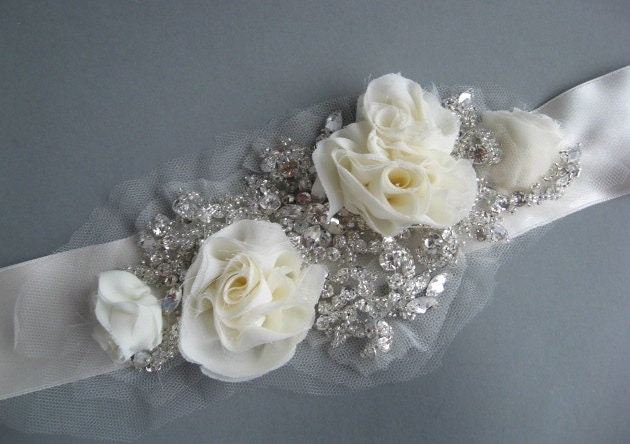 Bridal sash Wedding sash belt Ivory flower floral ribbon belt dress modern designer roses lots rhinestone crystals, tulle, chiffon, silver