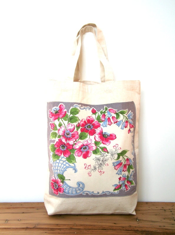 floral vintage hankie tote bag / recycled / upcycled / gray pink green blue natural / market bag / book bag / shabby chic