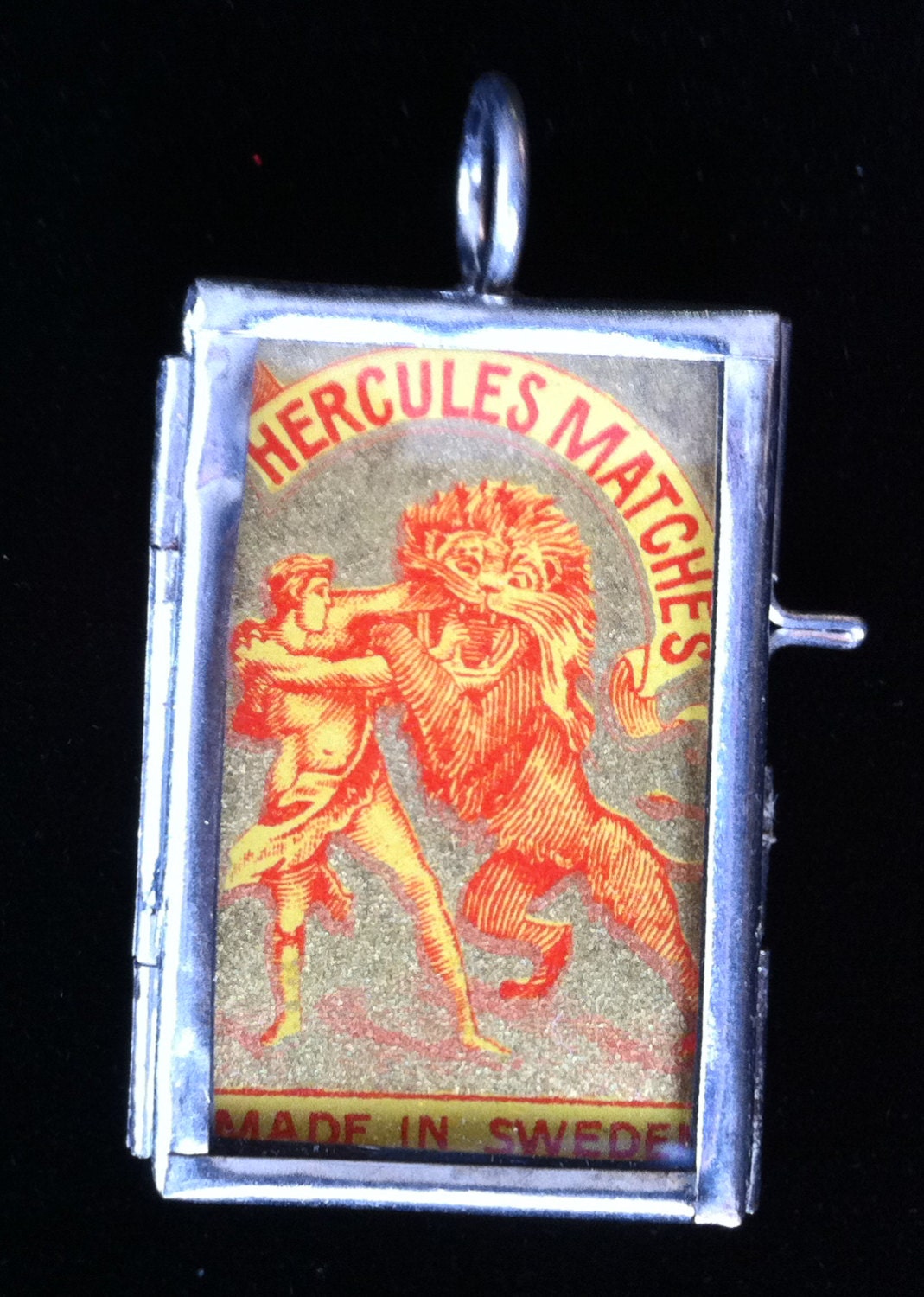 Vintage Ephemera Hercules fights Lion Frame pendant Original Vintage miniature match box label