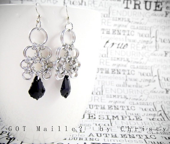 Earrings - Jet Black Swarovski Crystal in Japanese Lace - Chainmaille Chandelier