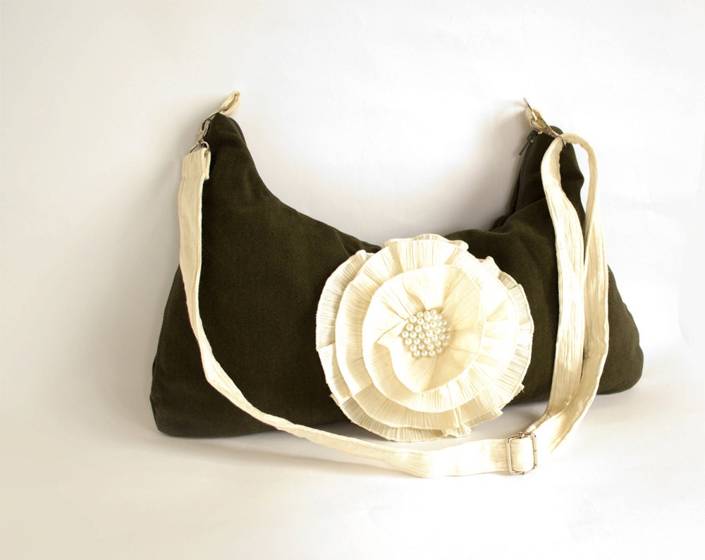 Forest Green and Cream Cross body Bag, Cream Flower
