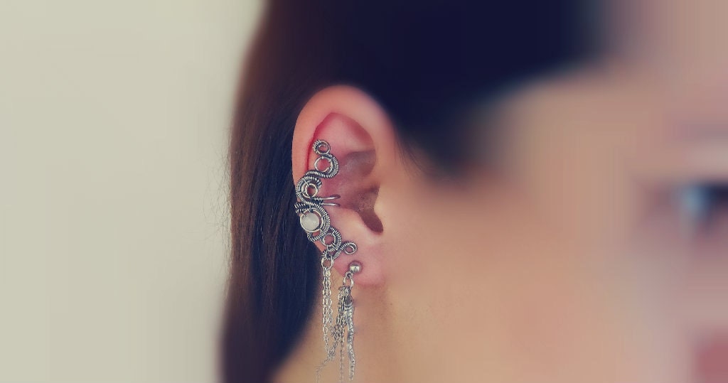 Victorian Snake Stud Earrings With Ear Cuff, Moonstone Gemstones And Chains