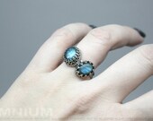 Faux double stacking ring with electric blue teal labradorite in detailed filigree bezel settings US 7 1/2 unique hand made
