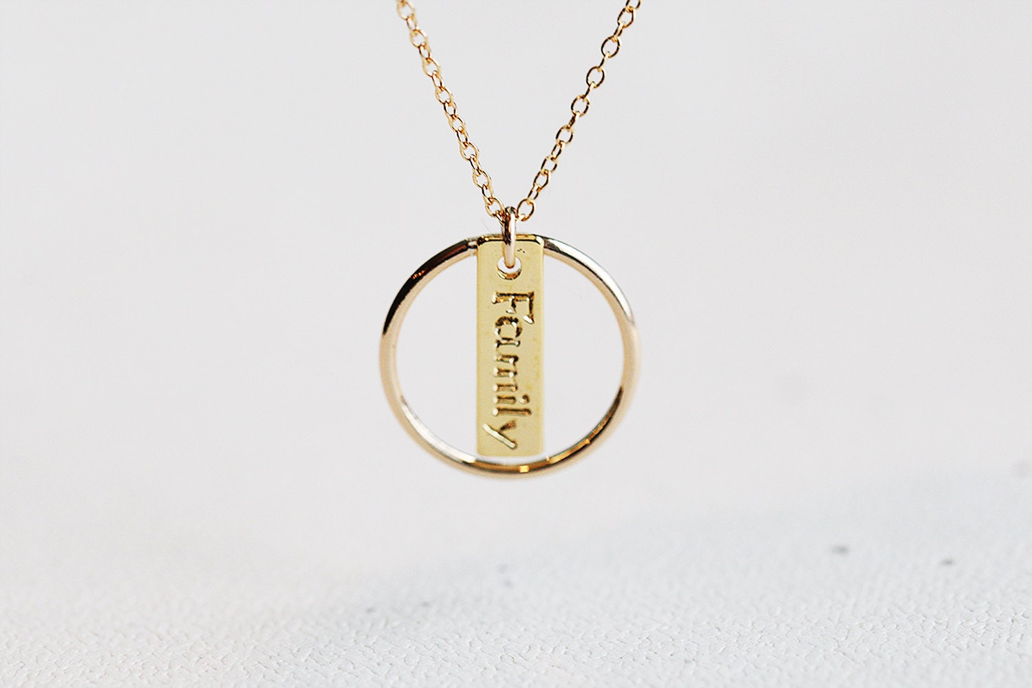 Family Is Forever Necklace - small gold bar with Family and eternity circle 14k gold filled necklace