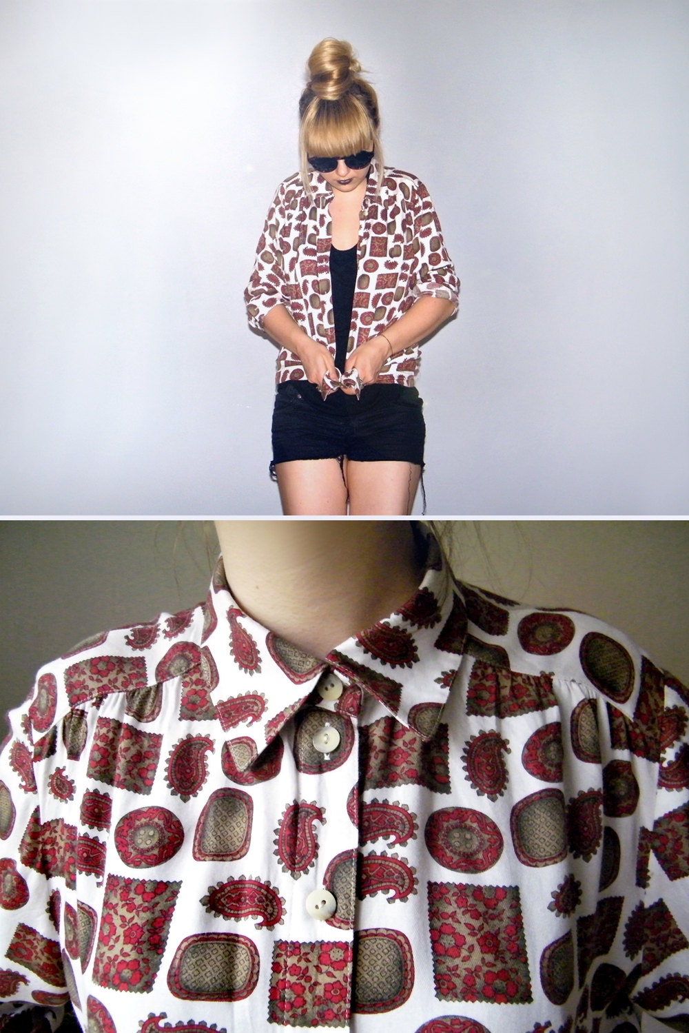 90s Avant Garde Button Up Shirt Blouse - Vintage Geometric Baroque Print Summer Shirt Paisley Boho Decadent Gothic Gold Red Black Print