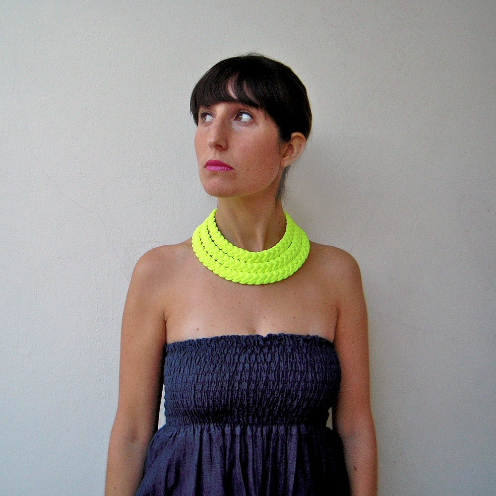 The triple braid necklace - handmade in neon yellow fabric