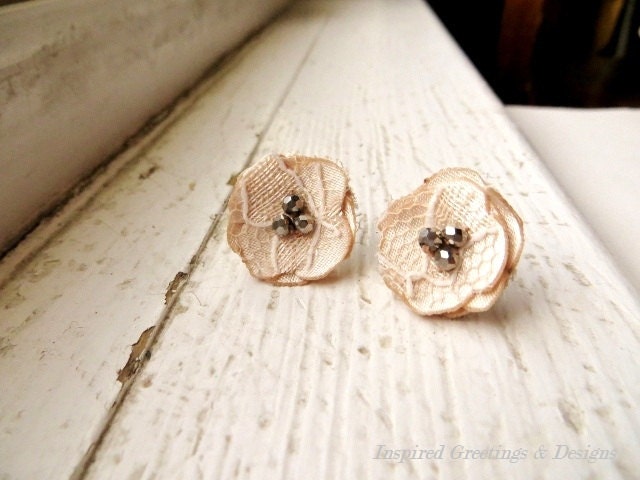 Champagne Fabric Flower Earrings, Nude, Stud Earrings, Soft Pale Beige, Light, Bridal Earrings, Flower Posts, Satin, Romantic Sweet