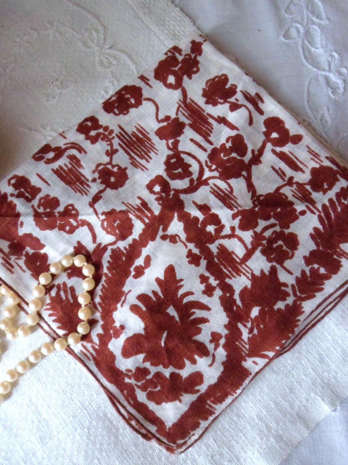 Hand Painted Silk Hanky,  Brown on White Floral Handkerchief, Ladies Keepsake Silk Hanky