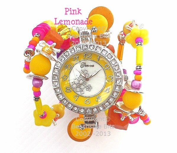 PINK LEMONADE, Artist Wrap Watch,  Beachside Bits Unique, Hot Pink, Yellow, Large Face, Australian Made