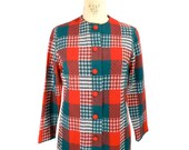 1960s Beeline Fashions Plaid Jacket - Mad Men - Rust Evergreen White - Wool Jacket - Size Large