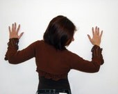 Hand knit crochet shrug bolero, brown cotton, long sleeved, Size S - M ,crochet lace "hot chocolate "