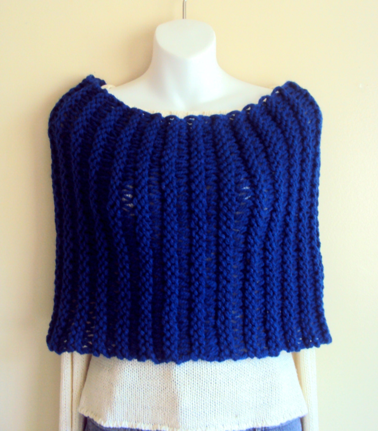 Hand Knit Navy Capelet Cowl Neck Warmer Shoulder Wrap Poncho Wool Acrylic Mixture Fall Winter Spring Clothing Women Fashion