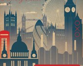 LONDON City Art Deco Bauhaus Poster Print A3 Vintage Retro Original Design 1940's Vogue Cityscape Travel