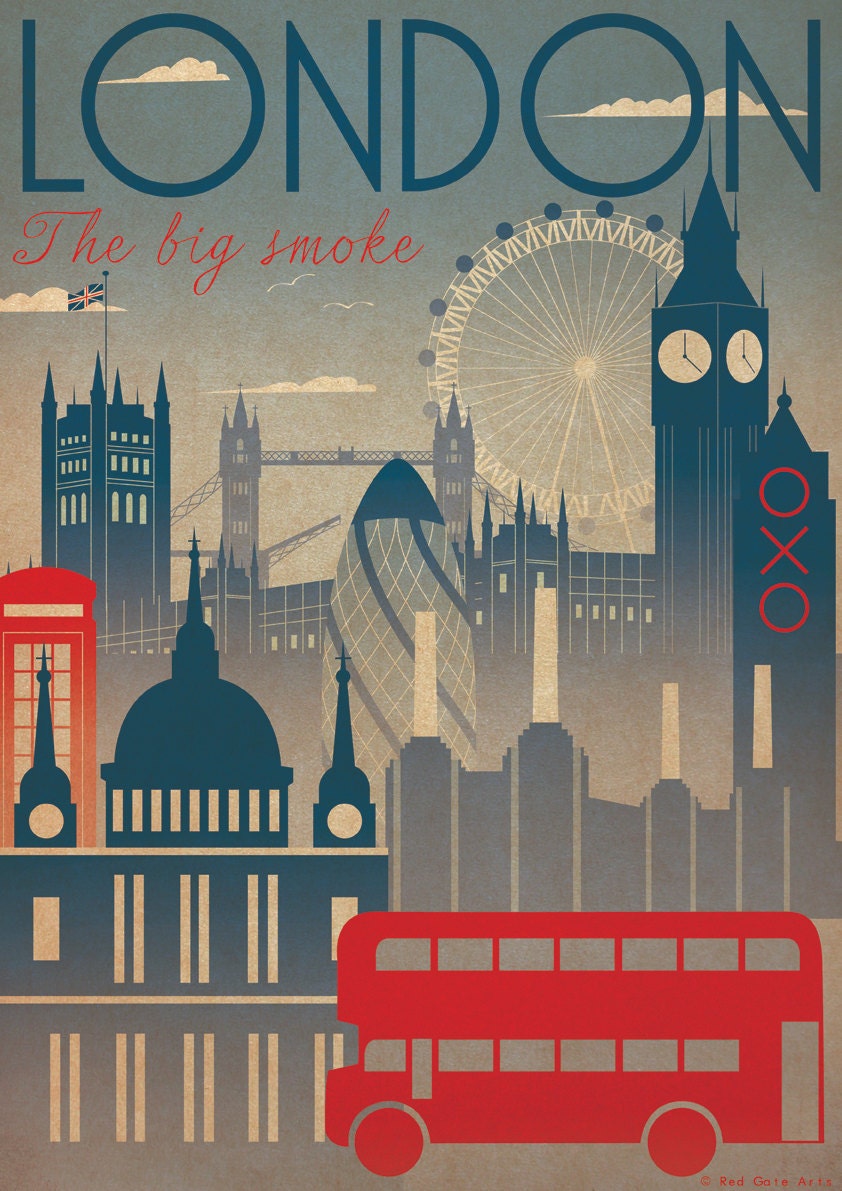 LONDON City Art Deco Bauhaus Poster Print A3 Vintage Retro Original Design 1940's Vogue Cityscape Travel