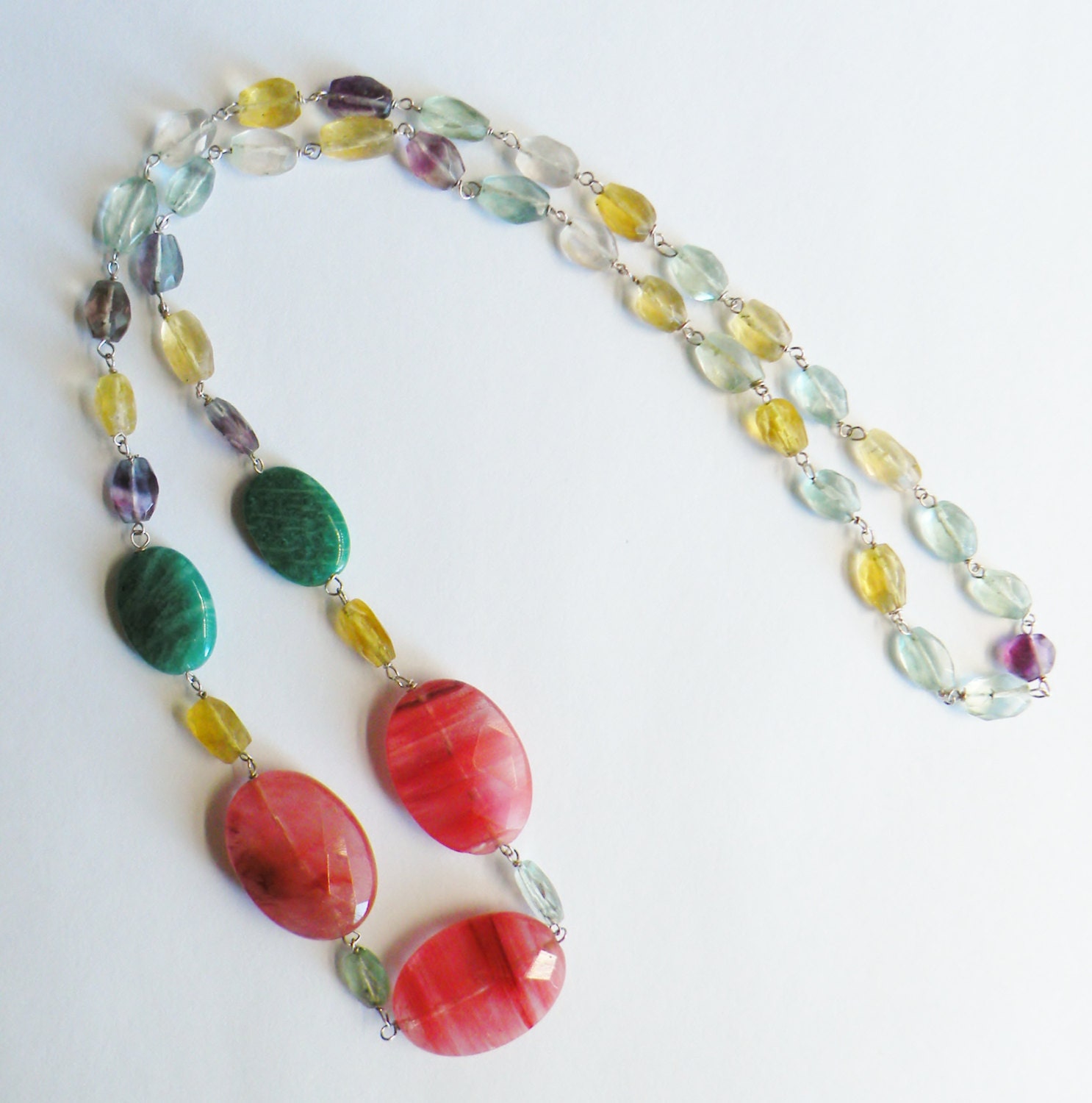 Gemstone Necklace -  Cherry quartz, Amazonite and Fluorite Sterling Silver Handmade Beaded Necklace - Multicolor