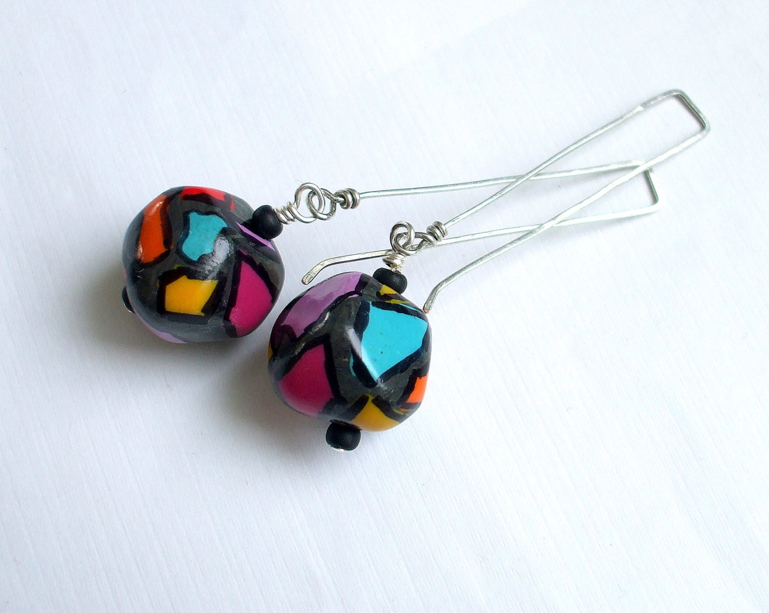 Long Earrings, Colorful Earrings, Round Sphere Earrings, Faceted Bead Dangle, Fun Chunky Whimsical Spot Polymer Clay Jewelry Patricia Wood