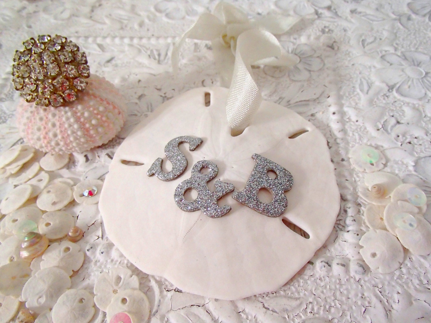 Beach Wedding, Sand Dollar Ornament, Beach Wedding Shells- Silver Glitter Sand Dollar Ornament Wedding Favor