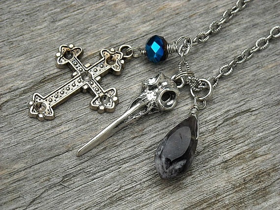 Bird Skull Necklace, Cross Necklace, Amethyst Necklace, Crystal Necklace, Hummingbird Skull Necklace, Gothic Necklace, Gothic Jewelry,