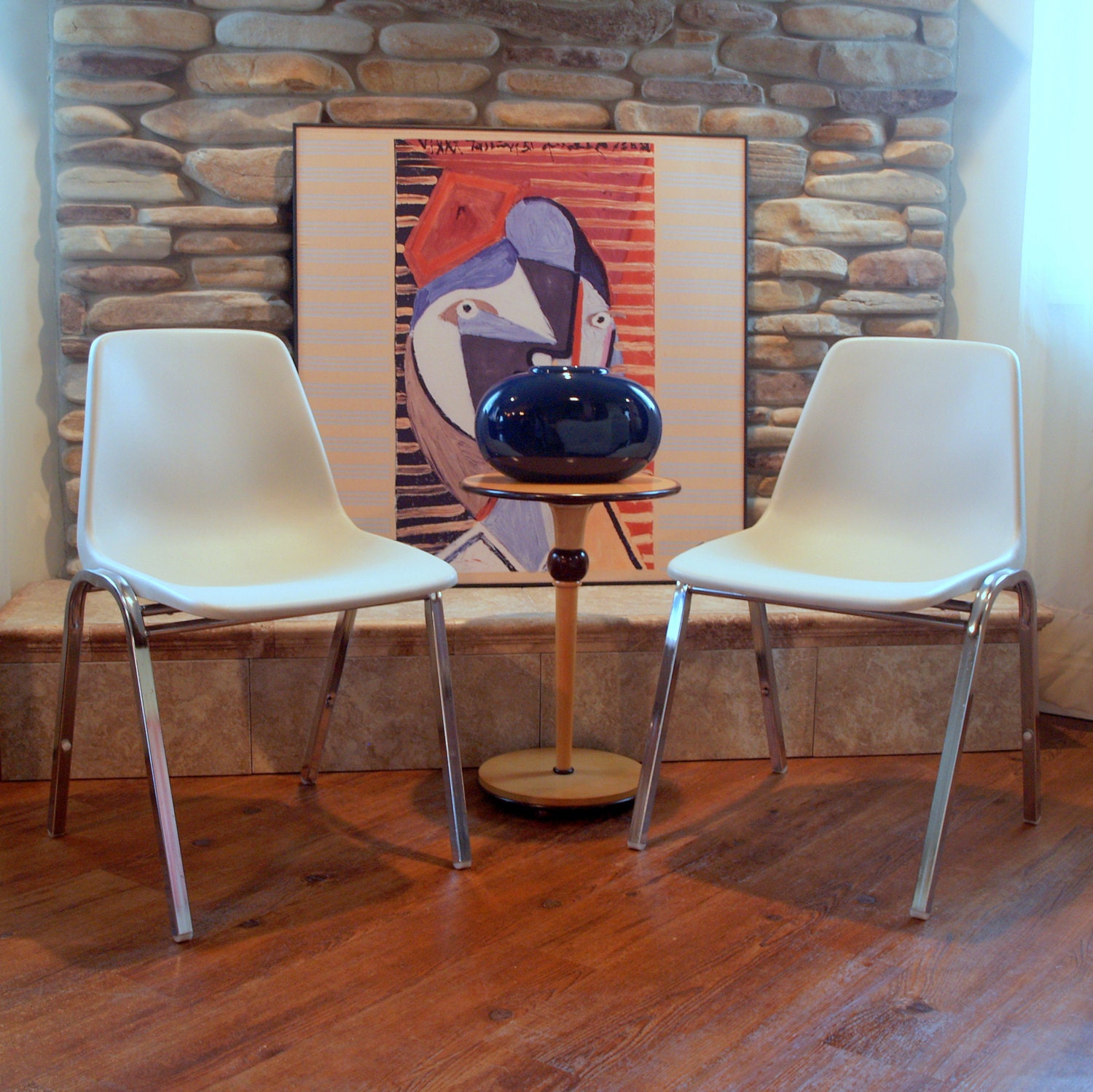 Mid Century Modern Eames Style Molded Plastic Side Chair Stacking Base H Circa 1960 Off White Chrome by Hon Retro Furniture Chicago