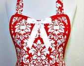 Apron DAMASK Lipstick RED & Snow WHITE, Designer Glamor Girl, Pretty Party Hostess Unique Kitchen Gift