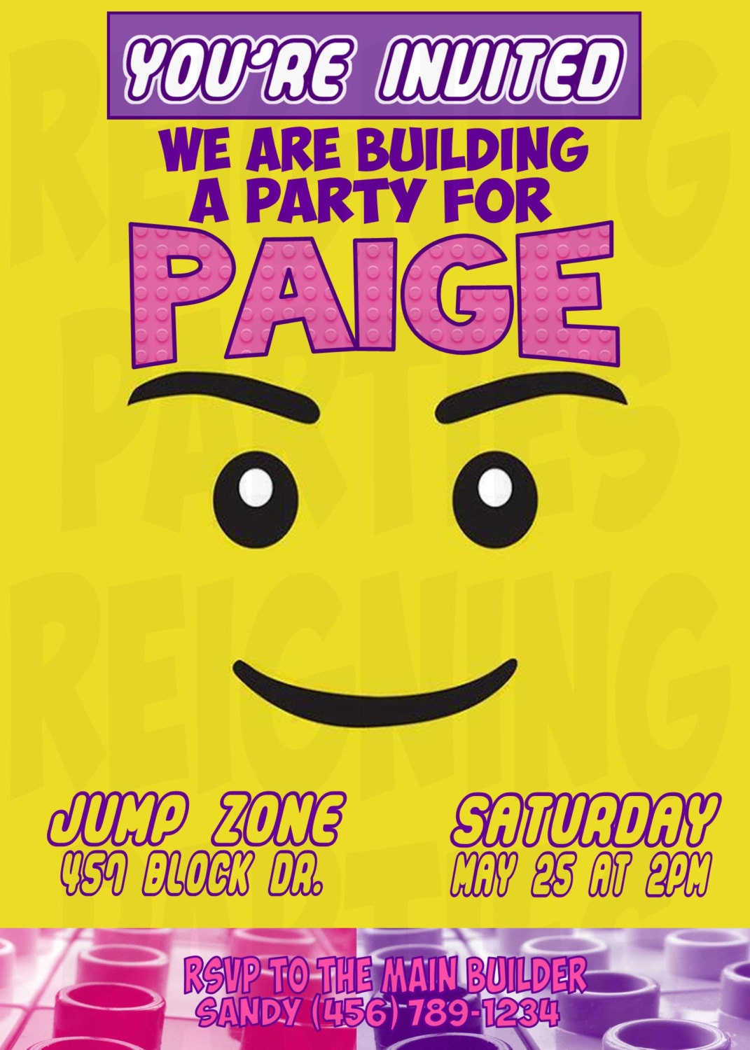 Lego Face Birthday Invitation - Girl or Boy Building Block Party Invitation