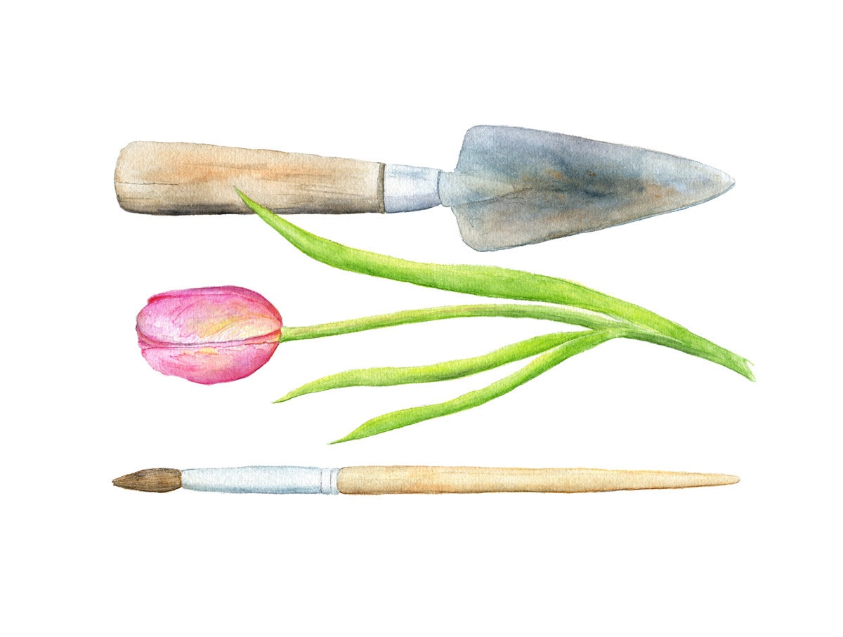 Trowel Paintbrush Watercolor Painting - Garden, Tool, Gardener, Artist, Pink Tulip, Creativity, Green, Nature, Art Print, Metal, Wood