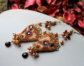 Rhodolite and Pyrope Garnet, golden pearls,vintage swarovski, brass filigree in vermeil gold earrings with clay details - Golden Summer Glow