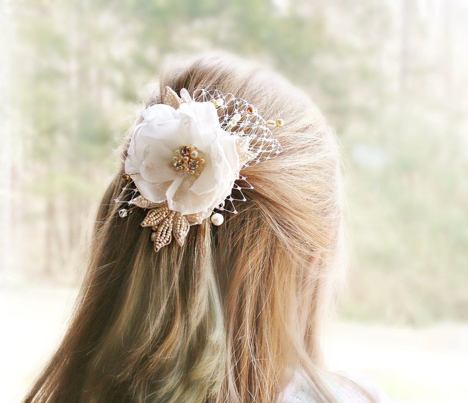 Ivory Bridal Hair Accessory, Wedding Head Piece, Bridal Hair Flower, Gold Wedding, Ivory Wedding, Hair, Accessories
