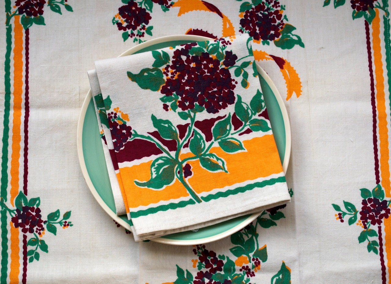 1940s Tea Towel Kitchen Towel Dish Towel Lilac Floral Print Emerald Green Orange Burgundy