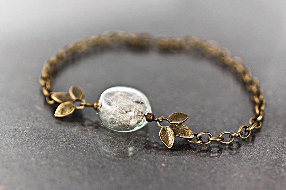 REAL DANDELION bracelet- delicate blown glass lense with real dandelion seeds in bronze leaves and bronze chain.