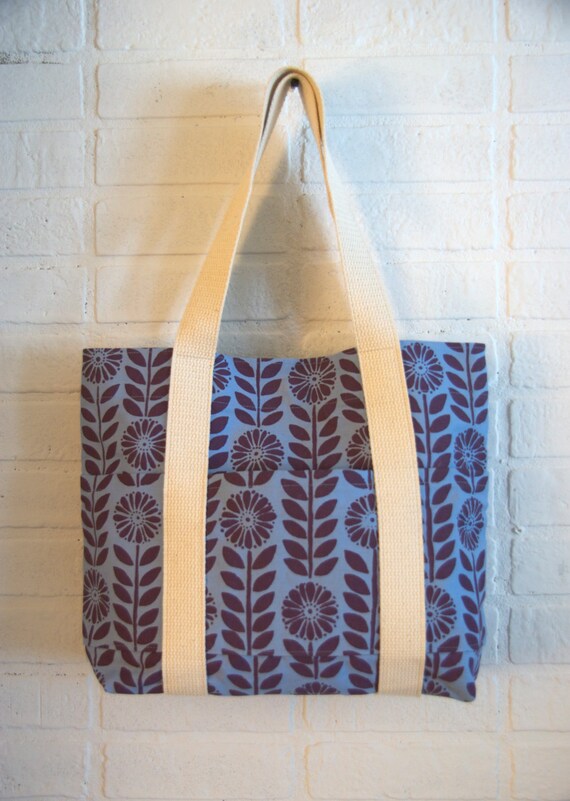 canvas tote bag, hand-printed - Big Flowers pattern in periwinkle and ...