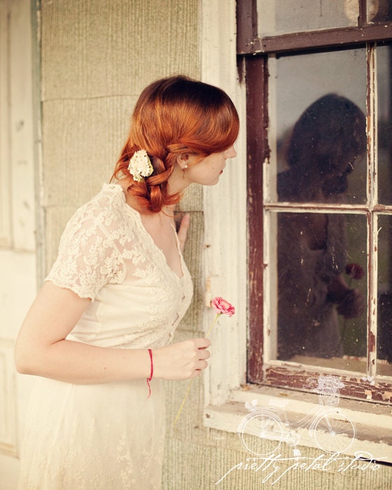 Portrait Photography, Pretty Girl Looking in a Window of an Old House, Reflection, Cream Tones, Red Head, Flowers, Fine Art, 4x6 Print