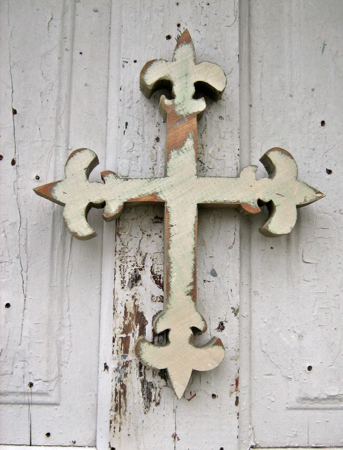 Mint Green Fleur de Lis Cross Reclaimed Wood Art