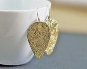 Textured Brass Upside Down Teardrop Earrings Floral Motif Boho 14K Gold Fill Leverbacks - ZhivanaDesigns