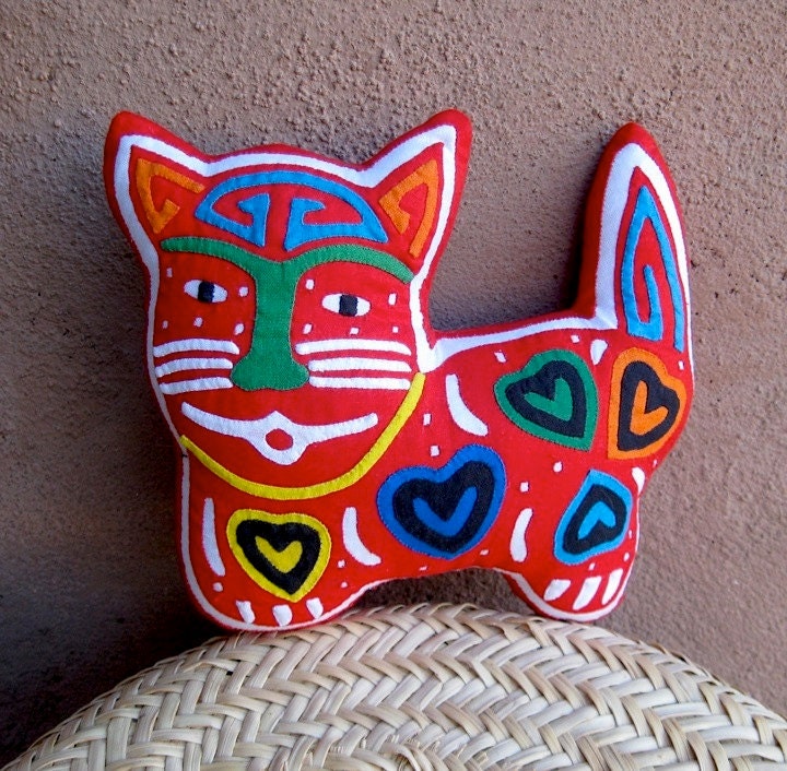 Hand Stitched Happy Hearts Mola Cat - Stellar Kuna Indian Reverse Applique