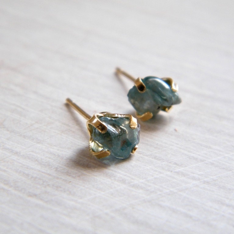 Natural Blue Zircon Earrings, Raw Gemstone Earrings, Gold Post Earrings - Galit