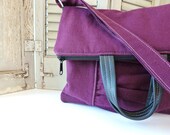 Purple Purse - Convertable Tote with CrossBody strap - leather handles - Fold Over Bag - gatheredandsown Purple Purse - Convertable Tote with CrossBody strap - leather handles - Fold Over Bag - gatheredandsown