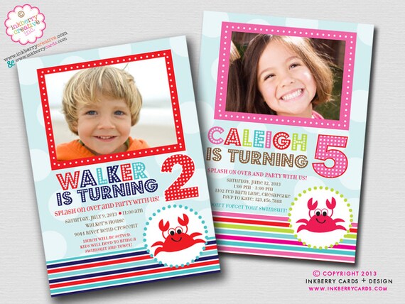 Splashing Crab - Pool, Beach or Summer Theme - Birthday Party Invitation (Digital File OR Cardstock Printed Cards Also Available) Il_570xn